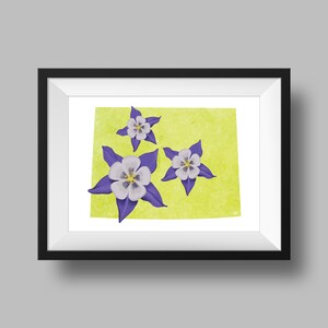 May include: A framed print of three purple and white columbine flowers on a yellow background.