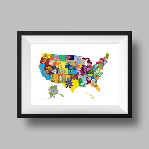 USA America State Flower Map Art Digital Download, Geography, Gift idea, print at home, housewarming gift, cute gift, flowers floral, unique