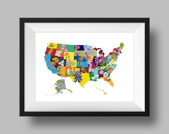 USA America State Flower Map Art Descarga digital, Geografía, Idea de regalo, impresión en casa, regalo de inauguración de la casa, lindo regalo, flores florales, único