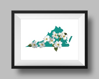 Virginia State Flower American Dogwood Art Digital Descargar geografía y mapas de EE. UU., idea de regalo impresa en el regalo de inauguración de la casa, regalo de virginia