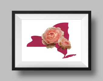 Arte de la rosa de la flor del estado de Nueva York Descarga digital Geografía y mapas de EE. UU., idea de regalo, impresión en casa, regalo de inauguración de la casa, regalo de Nueva York
