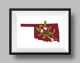 Descarga digital de arte de muérdago de flores del estado de Oklahoma, geografía y mapas de EE. UU., idea de regalo, impresión en casa, regalo de inauguración de la casa, regalo de oklahoma
