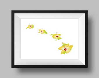 Hawaii State Flower Hibiscus Pua Aloalo Art Digital Descargar geografía y mapas de EE. UU., ideas de regalos, regalos de inauguración de la casa, imprimir en casa, hola regalo