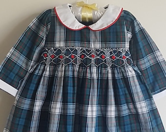 Beautiful green plaid hand smocked and embroidered xmas girls dress -