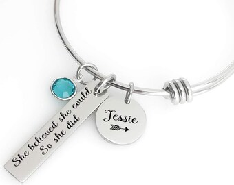 Inspirational Bangle Bracelet - She believed she could So she did - Personalized Custom Jewelry