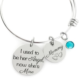 Memorial Jewelry Bangle - I used to be her angel, now she&#39;s mine - Name Disc, Angel Wings & Birthstone Crystal
