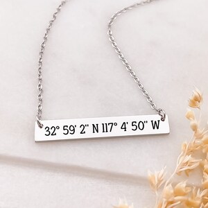 GPS Coordinates Necklace, Dainty Horizontal Bar Necklace for Women, Stainless Steel Pendant, Latitude Longitude Necklace, Gifts for Her
