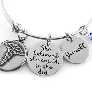 Personalized Medical Caduceus Bangle- She believed she could so she did -  RN, Medical Student, Nursing Graduate, Registered Nurse, Doctor