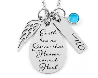 Memorial Jewelry Necklace - Earth has no Sorrow that Heaven cannot Heal- Tear drop Pendant, Bar Charm, Angel Wing & Birthstone Crystal