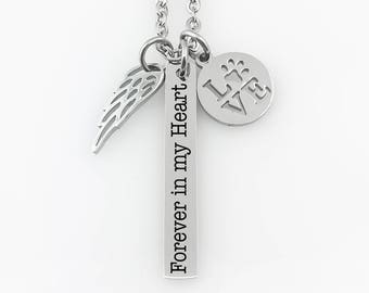Pet Memorial Jewelry Necklace - Forever in my Heart- Name Bar- Angel Wing - LOVE Paw Print- Dog or Cat