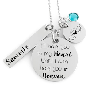 Memorial Jewelry Necklace I'll hold you in my heart until I can hold you in heaven Name Disc, Angel Wing & Birthstone Crystal image 1