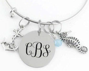 Personalized Bangle -Monogram Initials - Anchor, Seahorse and Crystal - Custom Jewelry
