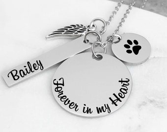 Pet Loss Memorial Jewelry Necklace - Forever in my Heart - Angel Wing - Name Bar - Paw Print