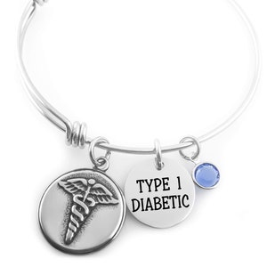 Personalized Medical ID Bangle - Medical Alert Charm - Medical Caduceus - Diabetes - Medical Condition