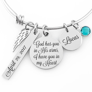 Memorial Jewelry Bangle God has you in His arms, I have you in my Heart Bar Tag, Name Disc, Angel Wing & Birthstone Crystal image 1