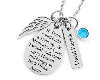 Memorial Jewelry Necklace - If Tears could build a Stairway... Teardrop Pendant, Bar Charm, Angel Wing & Birthstone Crystal