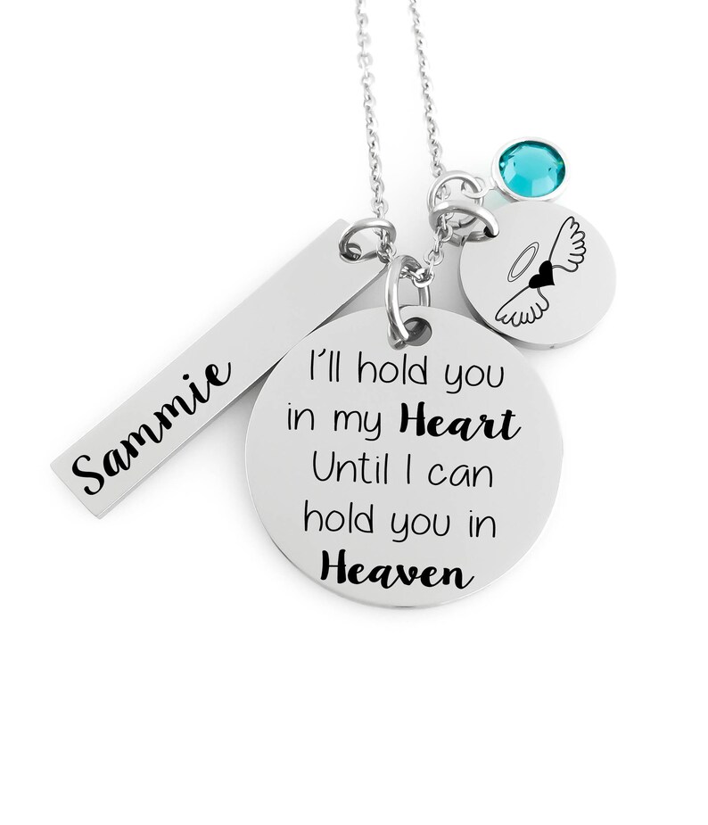 Memorial Jewelry Necklace I'll hold you in my heart until I can hold you in heaven Name Disc, Angel Wing & Birthstone Crystal image 1