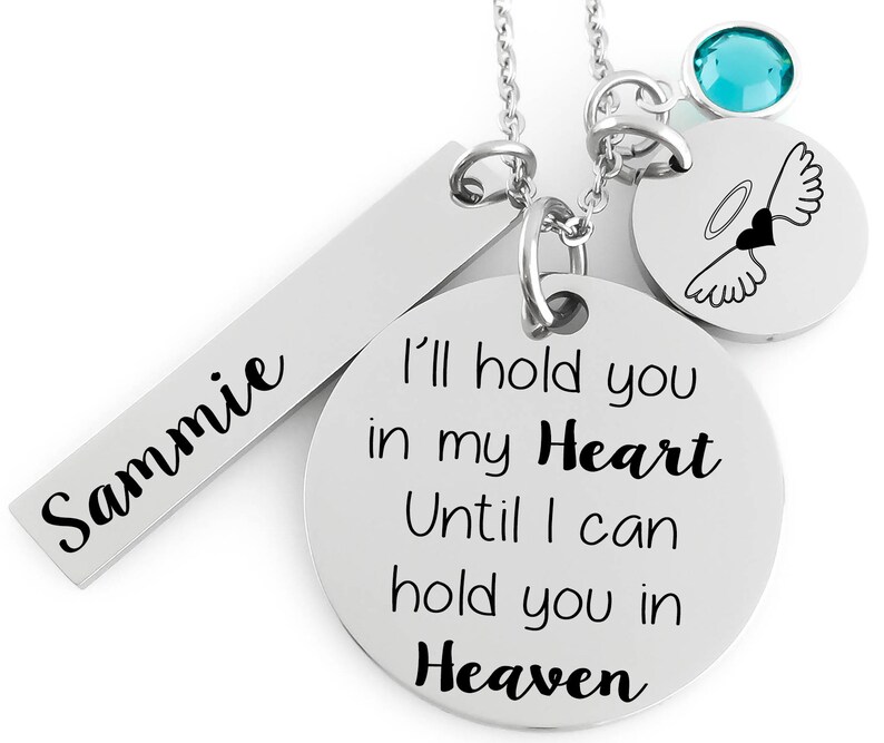 Memorial Jewelry Necklace I'll hold you in my heart until I can hold you in heaven Name Disc, Angel Wing & Birthstone Crystal image 2