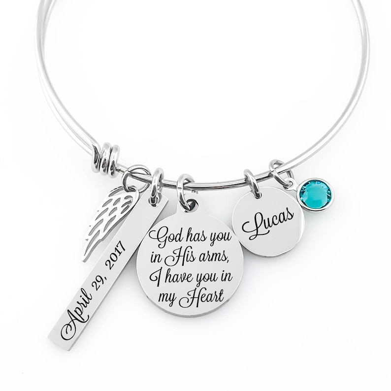 Memorial Jewelry Bangle God has you in His arms, I have you in my Heart Bar Tag, Name Disc, Angel Wing & Birthstone Crystal image 1