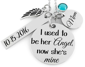 Memorial Jewelry Necklace - I used to be her angel, now she's mine - Initial, Birthstone Crystal and Angel Wing