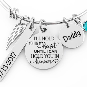 Memorial Jewelry Bangle -I&#39;ll Hold You in my Heart until I Hold You in Heaven- Bar Tag, Name Disc, Angel Wing & Birthstone Crystal