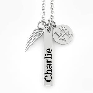 Pet Lover Necklace - Name Bar- Angel Wing - LOVE Paw Print- Dog or Cat