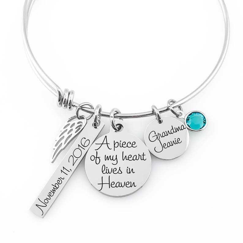Memorial Jewelry Bangle Angel Wing /& Birthstone Crystal A piece of my heart lives in heaven Name Disc Bar Tag
