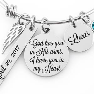 Memorial Jewelry Bangle God has you in His arms, I have you in my Heart Bar Tag, Name Disc, Angel Wing & Birthstone Crystal image 2