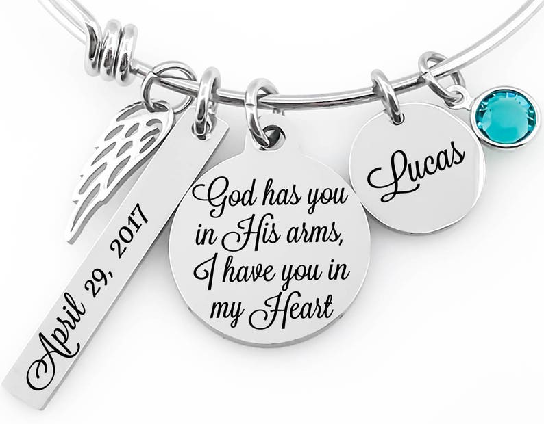 Memorial Jewelry Bangle God has you in His arms, I have you in my Heart Bar Tag, Name Disc, Angel Wing & Birthstone Crystal image 2