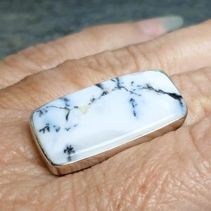 Large White/Black Dendrite Opal 925 Sterling Silver Ring Size Q US Size 8 image 1