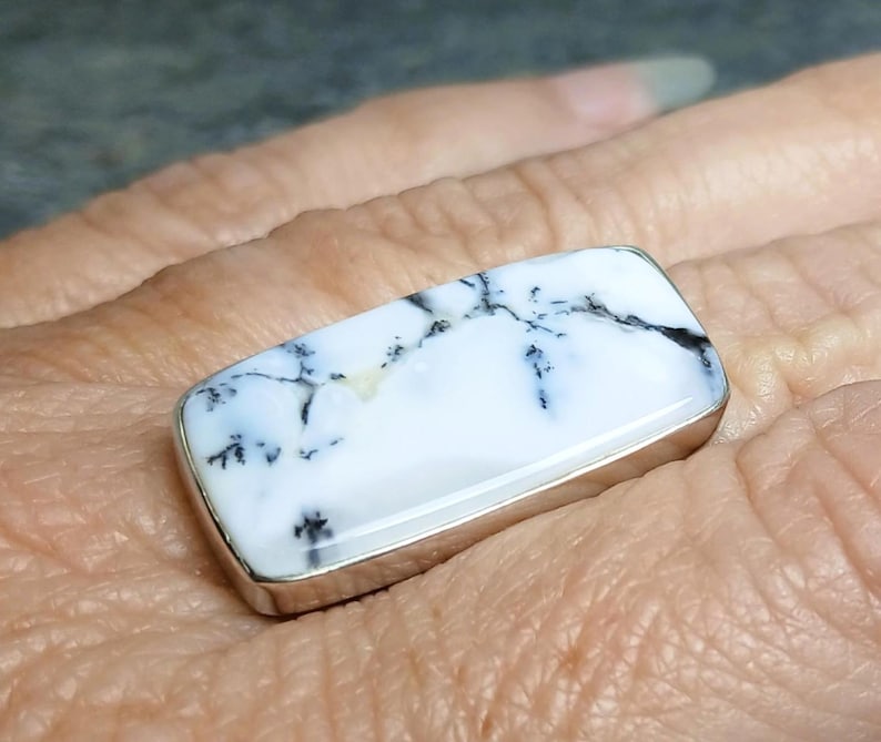 Large White/Black Dendrite Opal 925 Sterling Silver Ring Size Q US Size 8 image 1