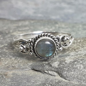 Labradorite 925 Sterling Silver Solitaire Stack Ring Size M,R,T US Size 6,8.5,9.5
