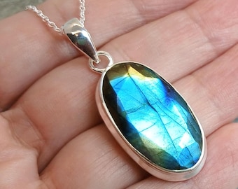 Chunky Cut Fire Labradorite 925 Sterling Silver Pendant Chain Necklace