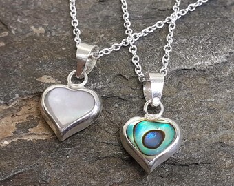 Reversible Abalone Shell Mother of Pearl Dainty Heart 925 Sterling Silver Pendant Chain Necklace 2in1