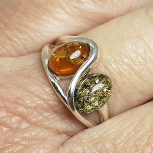 Cognac Green Baltic Amber 925 Sterling Silver Ring Size O,Q,R,T US Size 7,8,8.5,9.5