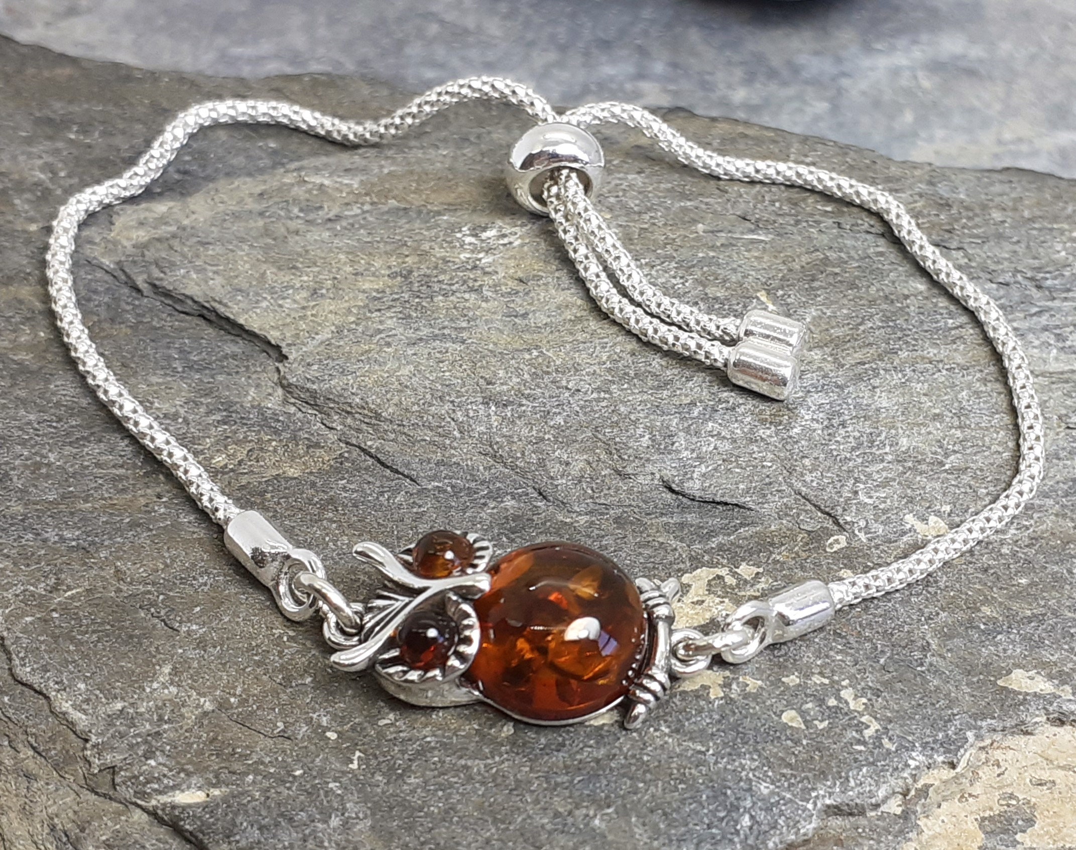 Cognac Baltic Amber Owl 925 Sterling Silver Slider Bracelet