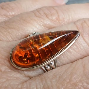 Large Cognac Baltic Amber 925 Sterling Silver Ring Size Q,T US Size 8,9.5