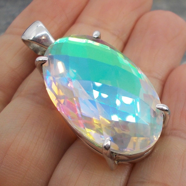 Large Chunky Mercury Mystic Topaz and 925 Sterling Silver Pendant