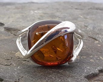 Großer Cognac Baltischer Bernstein 925 Sterling Silber Ring Größe N,O US Größe 6,5,7