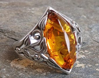 Großer Cognac Baltischer Bernstein Jugendstil 925 Sterling Silber Ring Größe N US 6,5