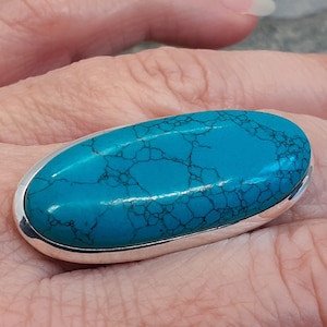 Large Turquoise 925 Sterling Silver Ring Size M,N,O,R,T,T 1/2 US Size 6,6.5,7,8.5,9.5,9.75