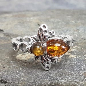 Cognac Baltic Amber Bumble Bee Honeycomb 925 Sterling Silver Ring Size L,M,N,O,S,U US 5.75,6,6.5,7,9,10