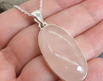 Pink Rose Quartz 925 Sterling Silver Pendant Chain Necklace