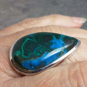 Large Chrysocolla Malachite 925 Sterling Silver Ring Size Q US Size 8