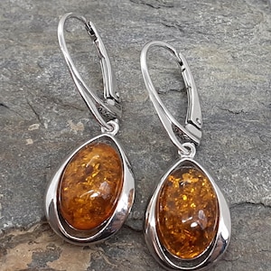 Cognac Baltic Amber 925 Sterling Silver Lever Back Earrings