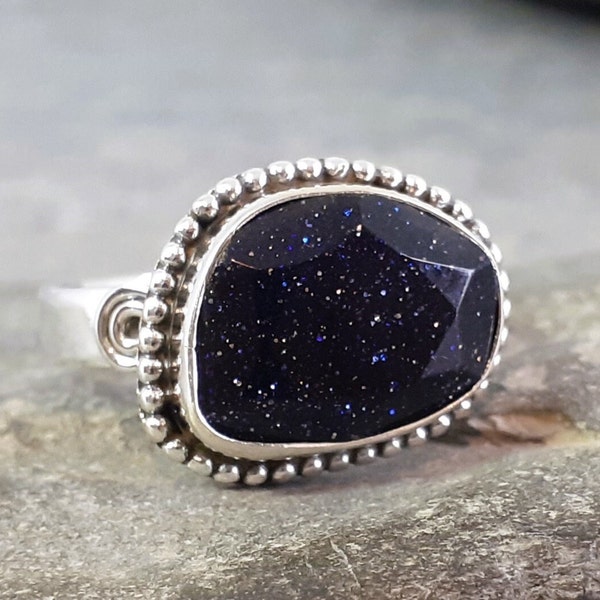 Cut Blue Goldstone Sunstone 925 Sterling Silver Ring Size P,T US Size 7.5,9.5