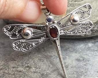 Large Cut Garnet Dragonfly 925 Sterling Silver Pendant
