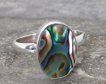 Abalone Paua Shell 925 Sterling Silver Solitaire Ring Size N,P,R US 6.5,7.5,8.5