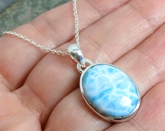 Blue Larimar 925 Sterling Silver Pendant Chain Necklace
