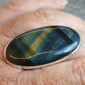 Large Blue Tiger Eye (Hawk Eye) 925 Sterling Silver Ring Size P US 7.5